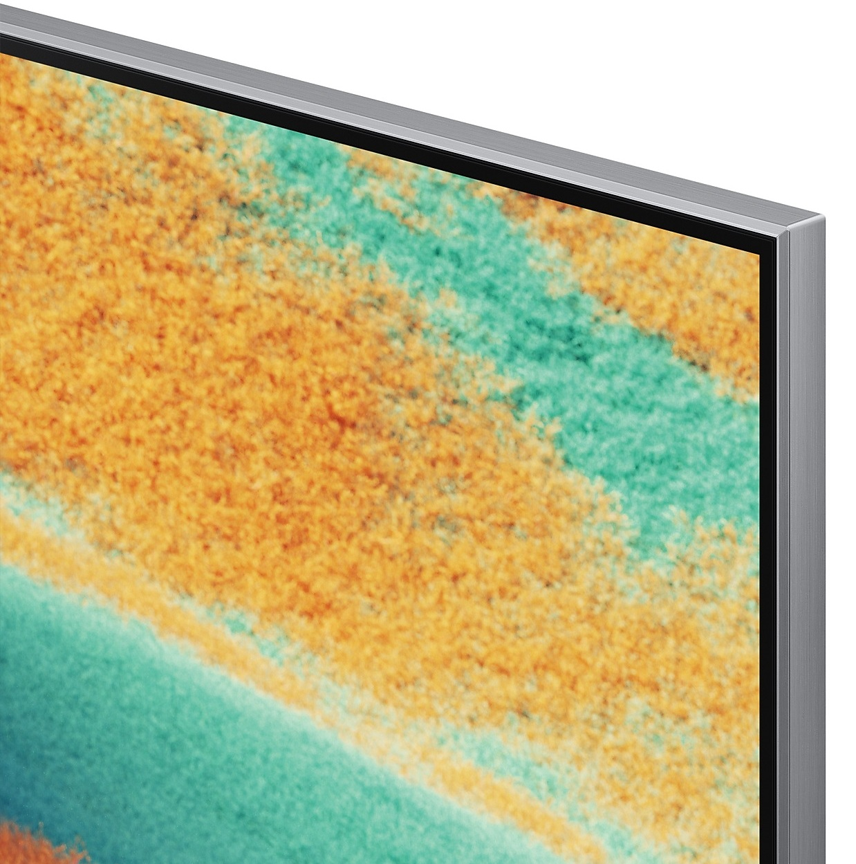 Zbliżenie ekranu telewizora Samsung Neo QLED, pokazujące abstrakcyjny krajobraz w kolorze pomarańczowym i zielonym.