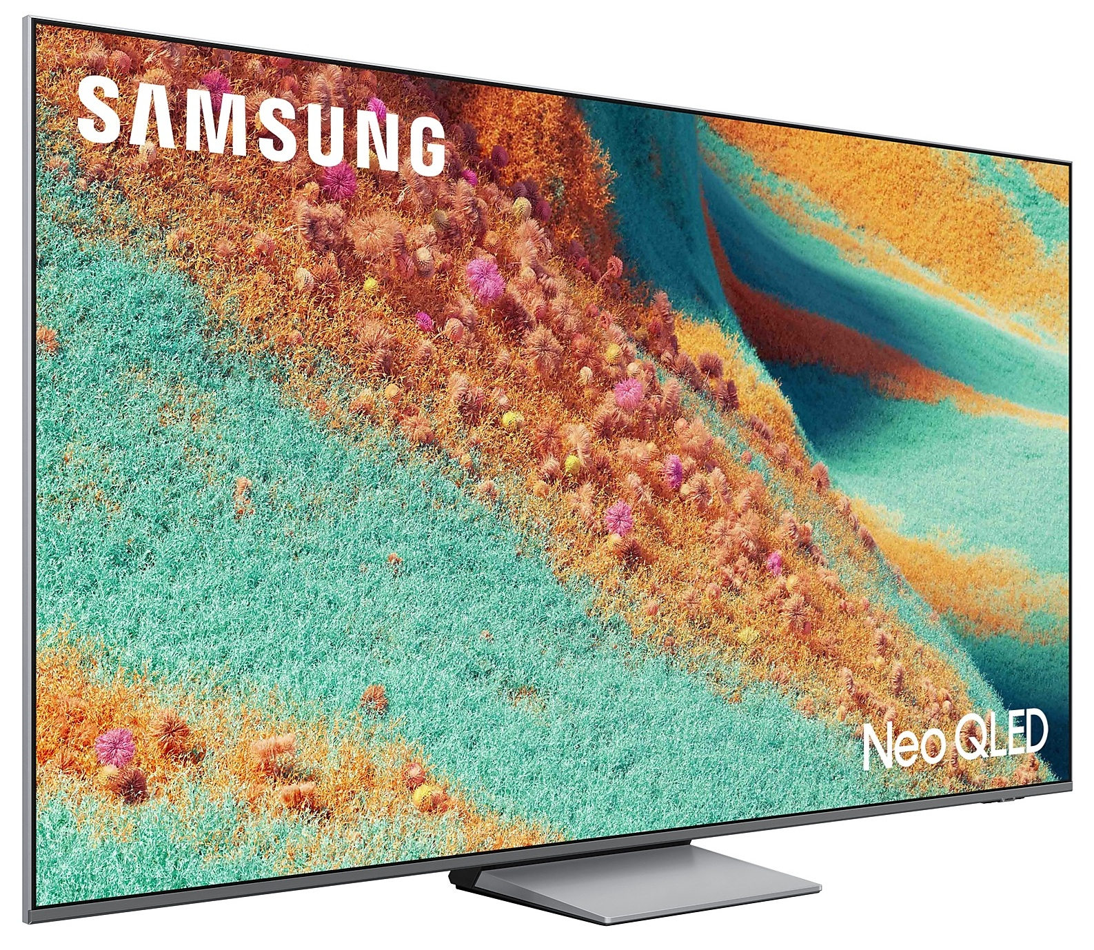 Telewizor Samsung Neo QLED z perspektywy ukośnej. Ekran wyświetla kolorowy, abstrakcyjny krajobraz.