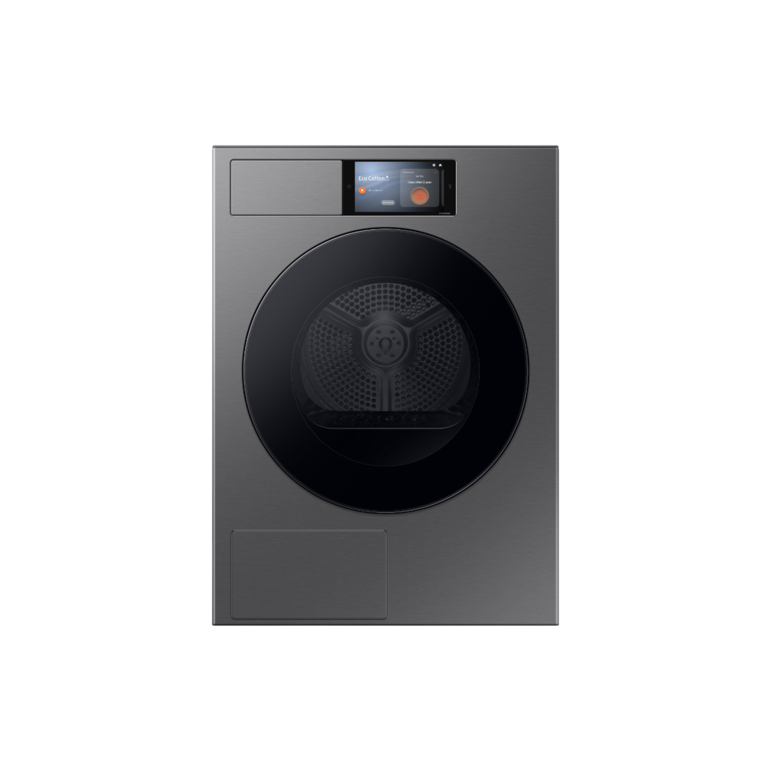 Een donkergrijze droogmachine wordt getoond.