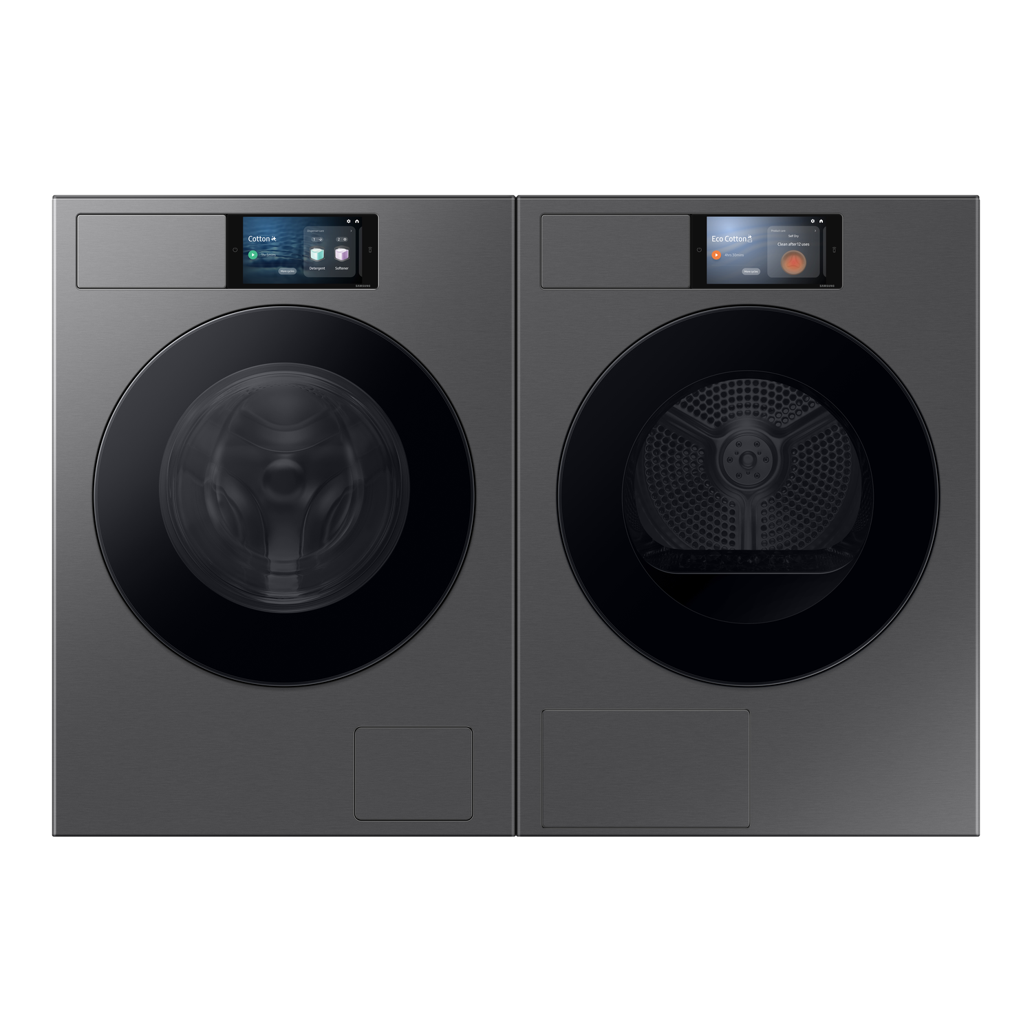 Twee donkergrijze wasmachines worden getoond.