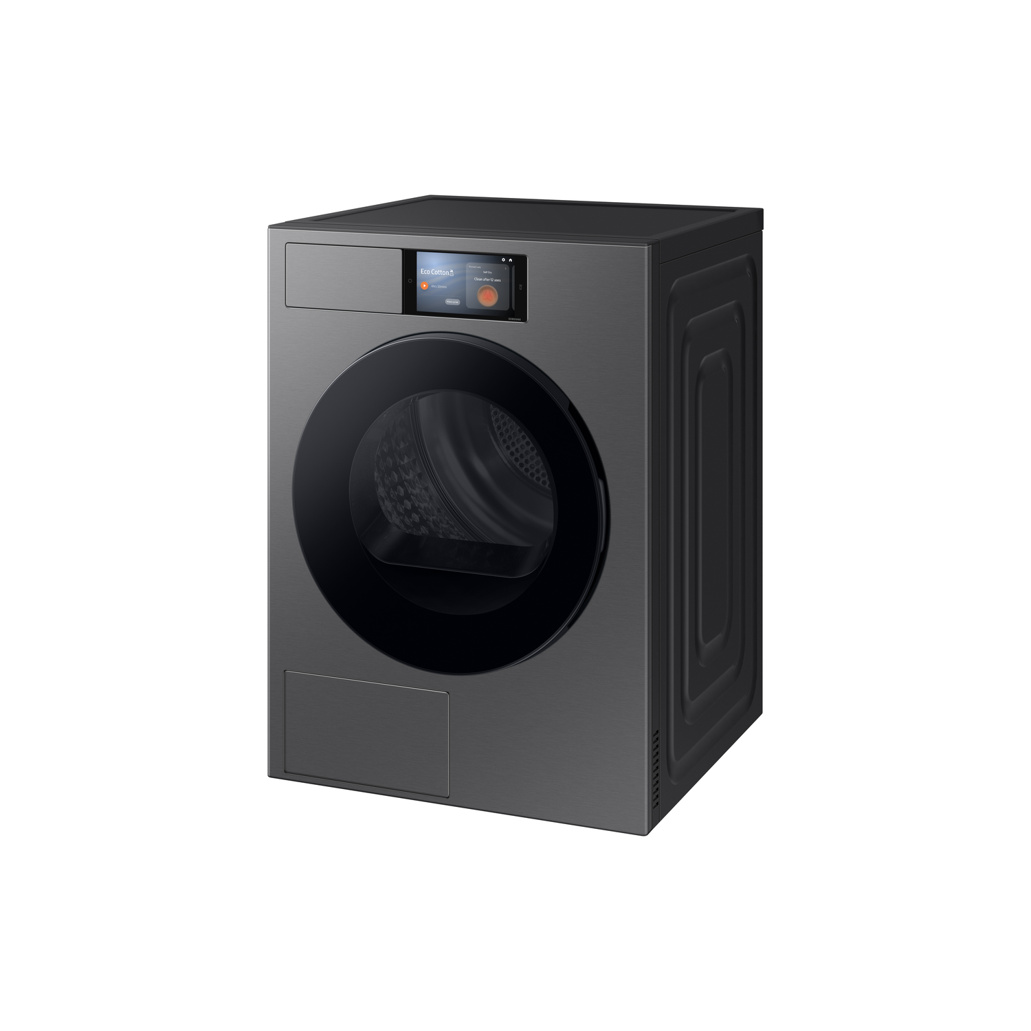 Een donkergrijze droogmachine wordt getoond.