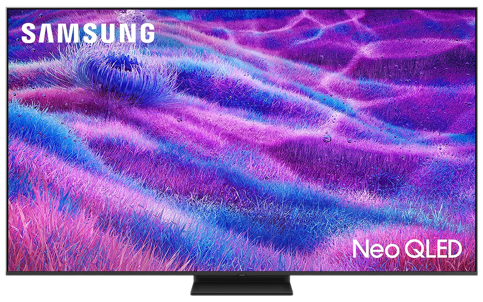 Duży telewizor Samsung wyświetlający kolorowy abstrakcyjny wzór.