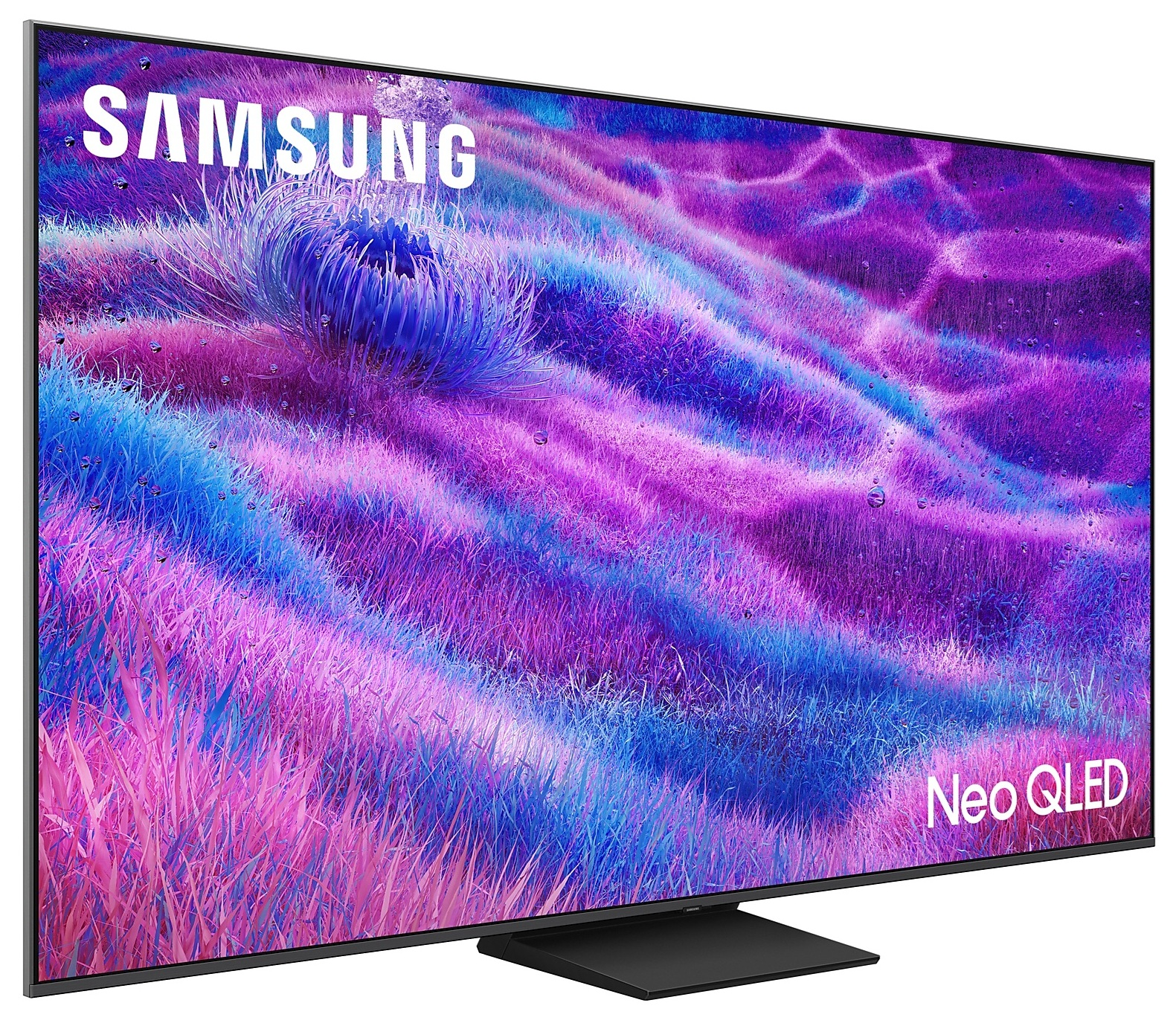 Telewizor Samsung Neo QLED z kolorowym, abstrakcyjnym wyświetlaczem i stojakiem.