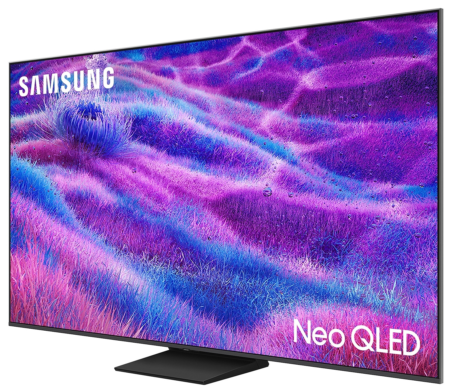 Ukośny telewizor Samsung Neo QLED wyświetla kolorowy, abstrakcyjny obraz.