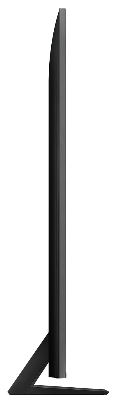 Widok z boku eleganckiego, czarnego telewizora Samsung, pokazujący jego smukły profil i podstawę.