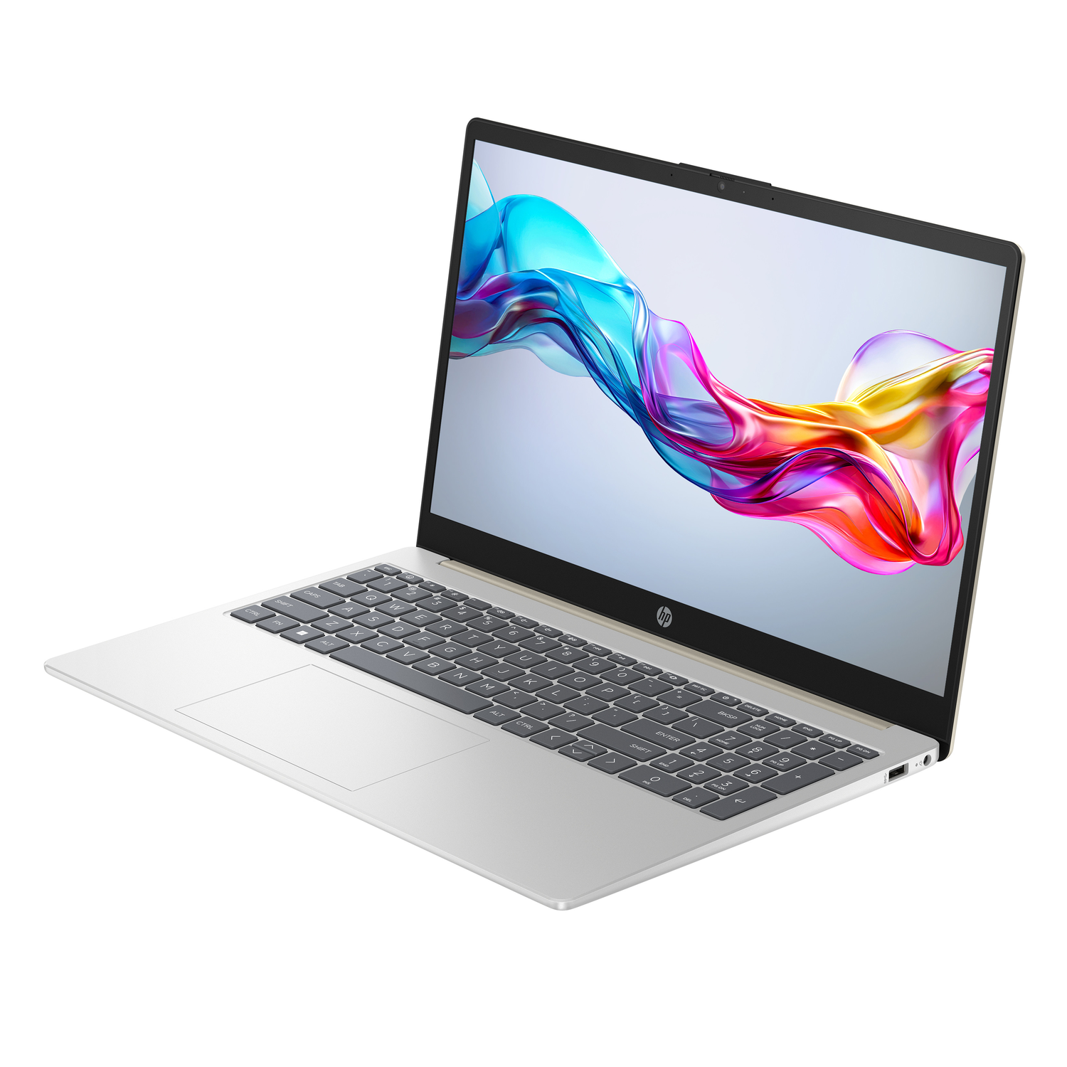 Een lichtgekleurde laptop met een kleurrijk scherm op een witte achtergrond.