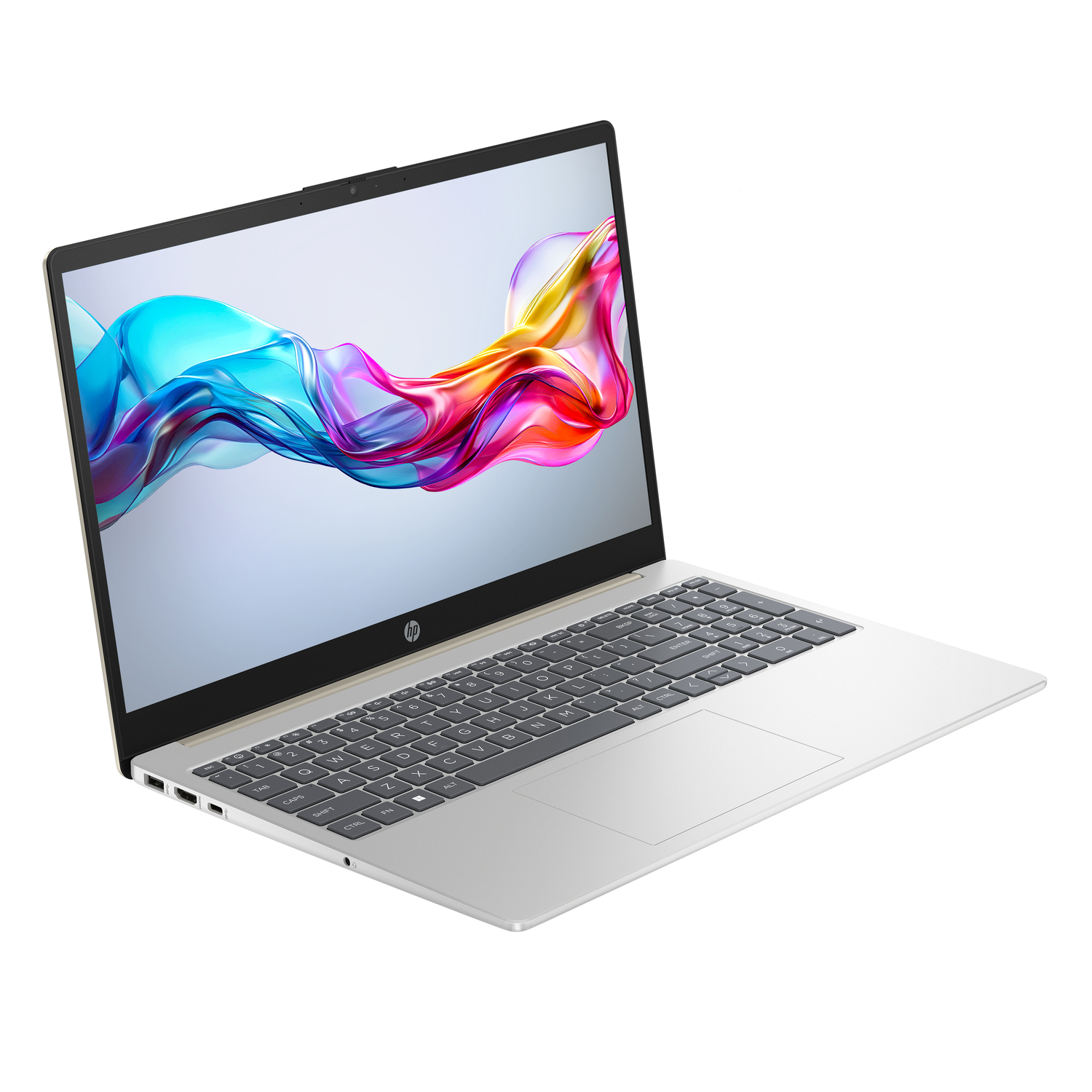 Zilveren laptop met zwart toetsenbord, HP-logo en kleurrijk abstract behang, tegen een witte achtergrond.
