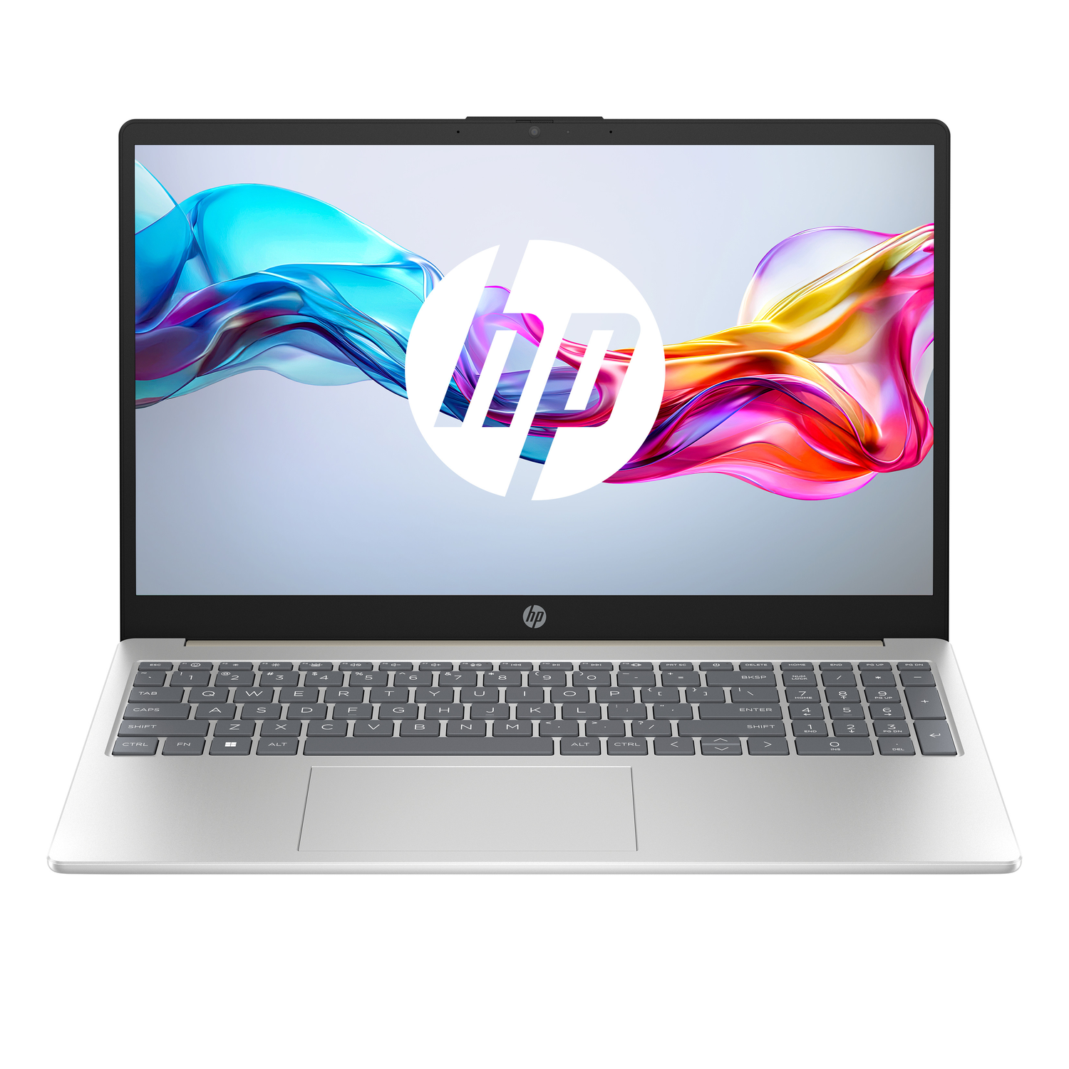 Zilveren HP-laptop toont een kleurrijke abstracte achtergrond. Het toetsenbord is zichtbaar met een touchpad eronder.