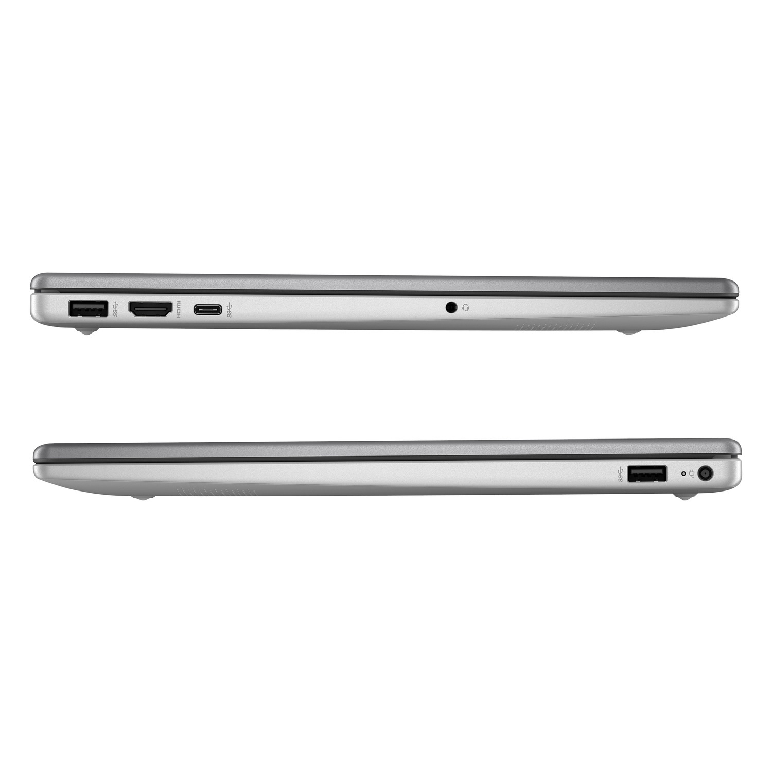 Zilveren laptop profiel. Toont poorten: USB, HDMI, USB-C, koptelefoonaansluiting en voedingspoort. Witte achtergrond.