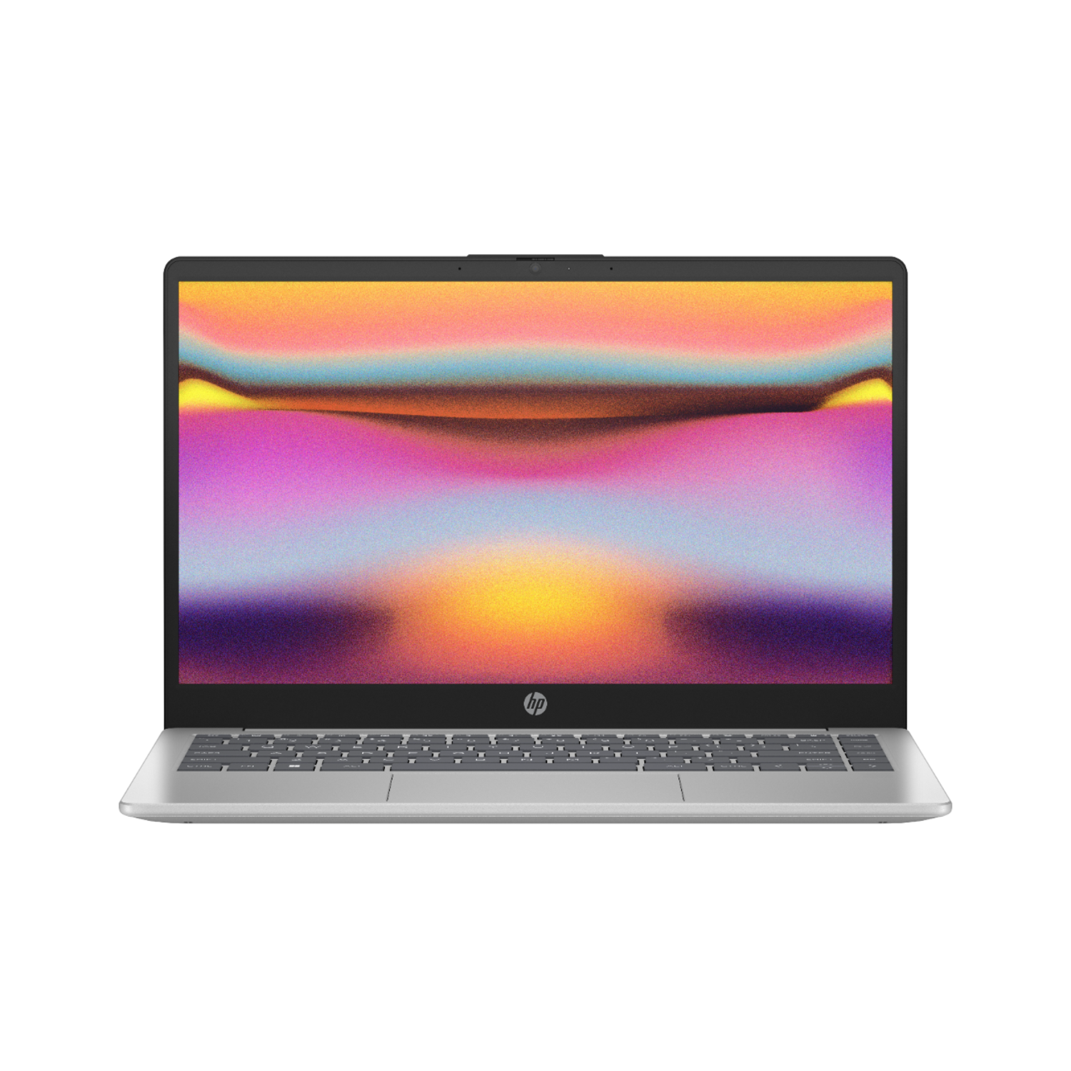 A silver HP laptop displays a colorful, abstract background. The laptop is on a black surface.