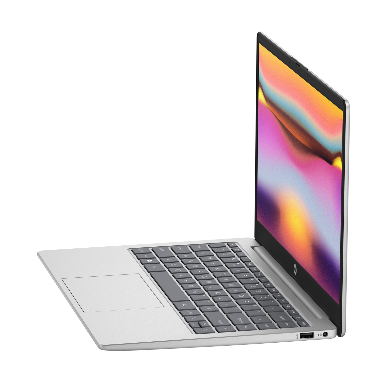 Silver laptop, open with screen showing a colorful image. White background.
