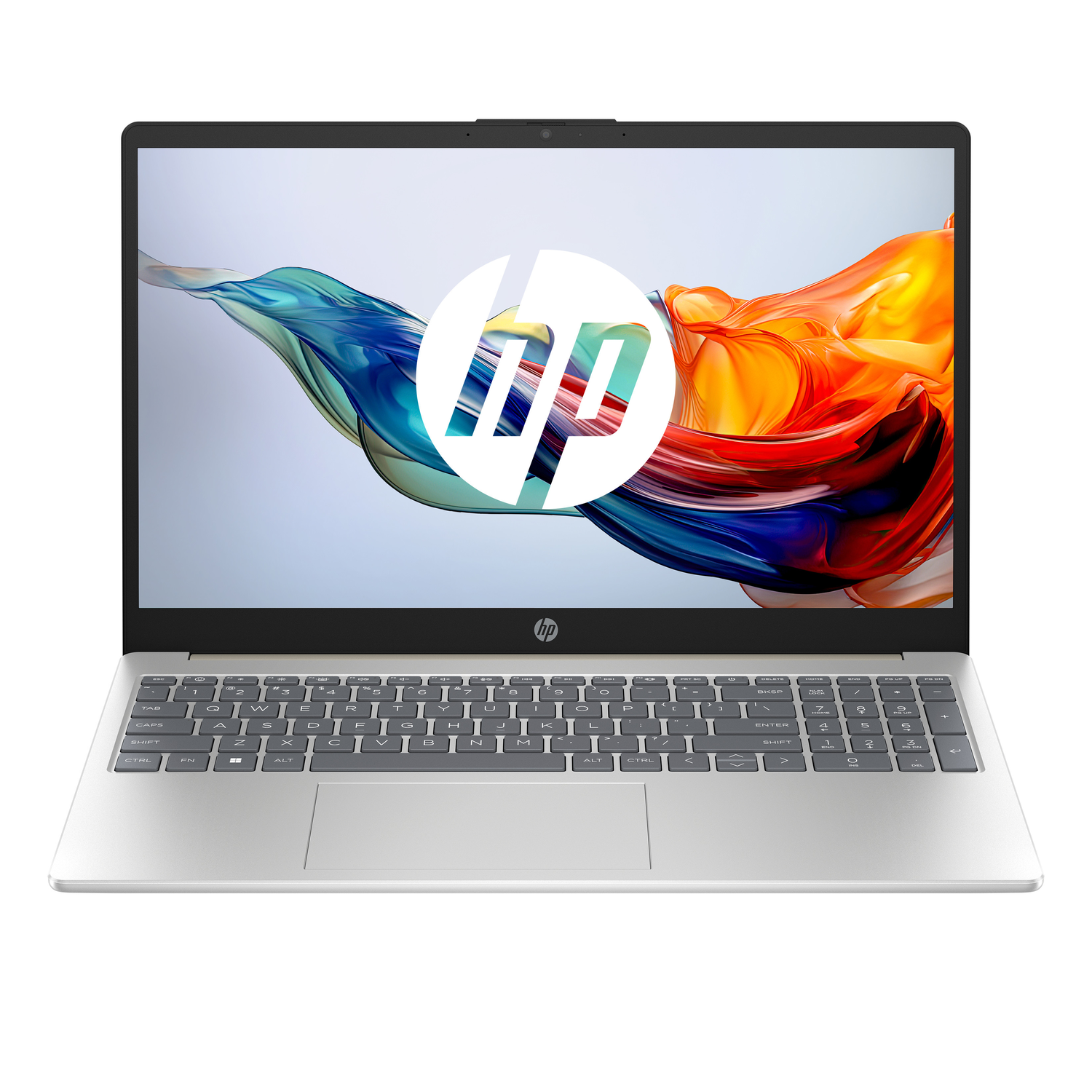 Silver laptop on white background. Screen displays colorful abstract art, with a HP logo.