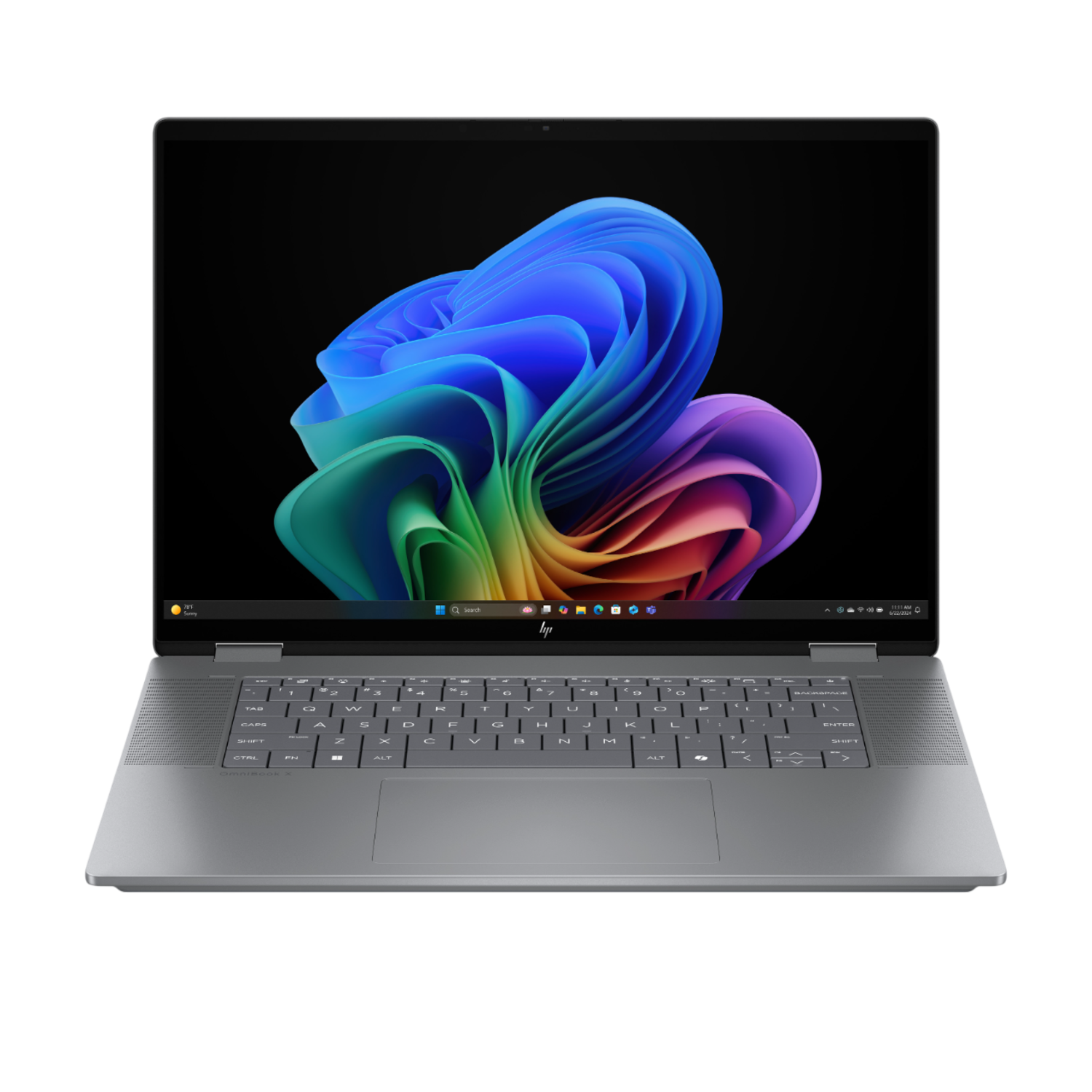 Schuine laptop met zwart scherm met kleurrijke kunst, op een zwarte achtergrond. Toetsenbord is zichtbaar.