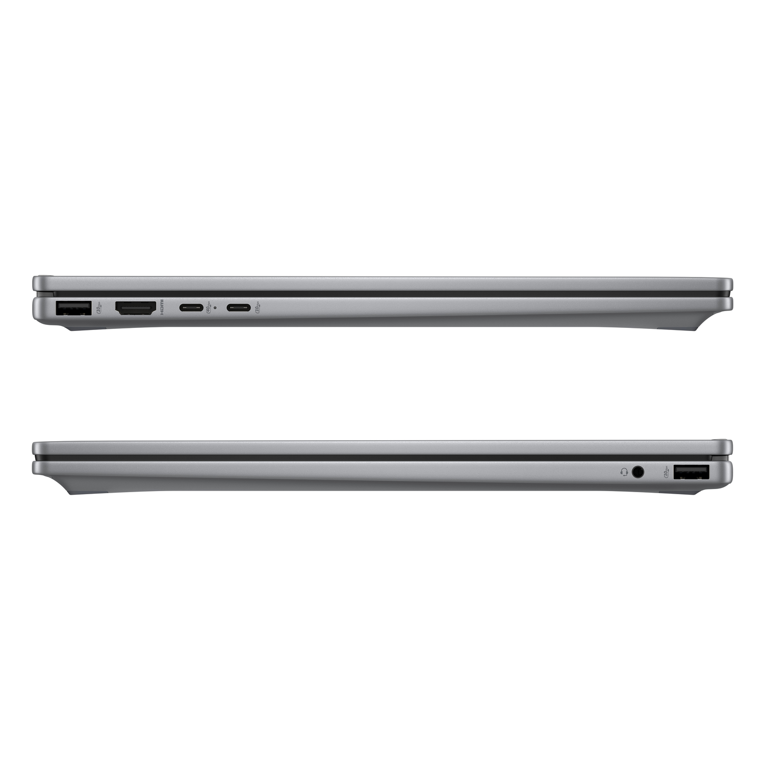 Een zilveren laptop met poorten aan de zijkanten, close-up.