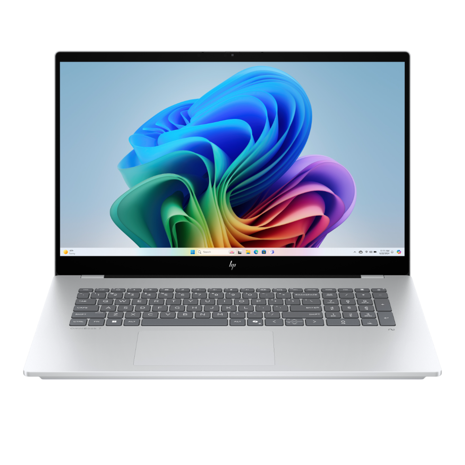 Zilveren laptop open, kleurrijk scherm. Toetsenbord en trackpad zichtbaar.