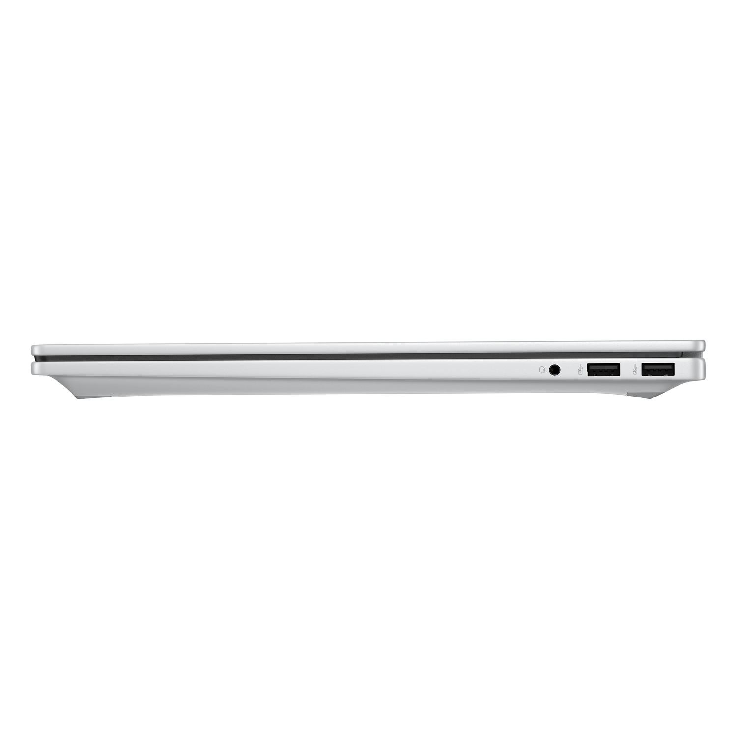 Zijaanzicht zilveren laptop, poorten zichtbaar. Bovenaanzicht.