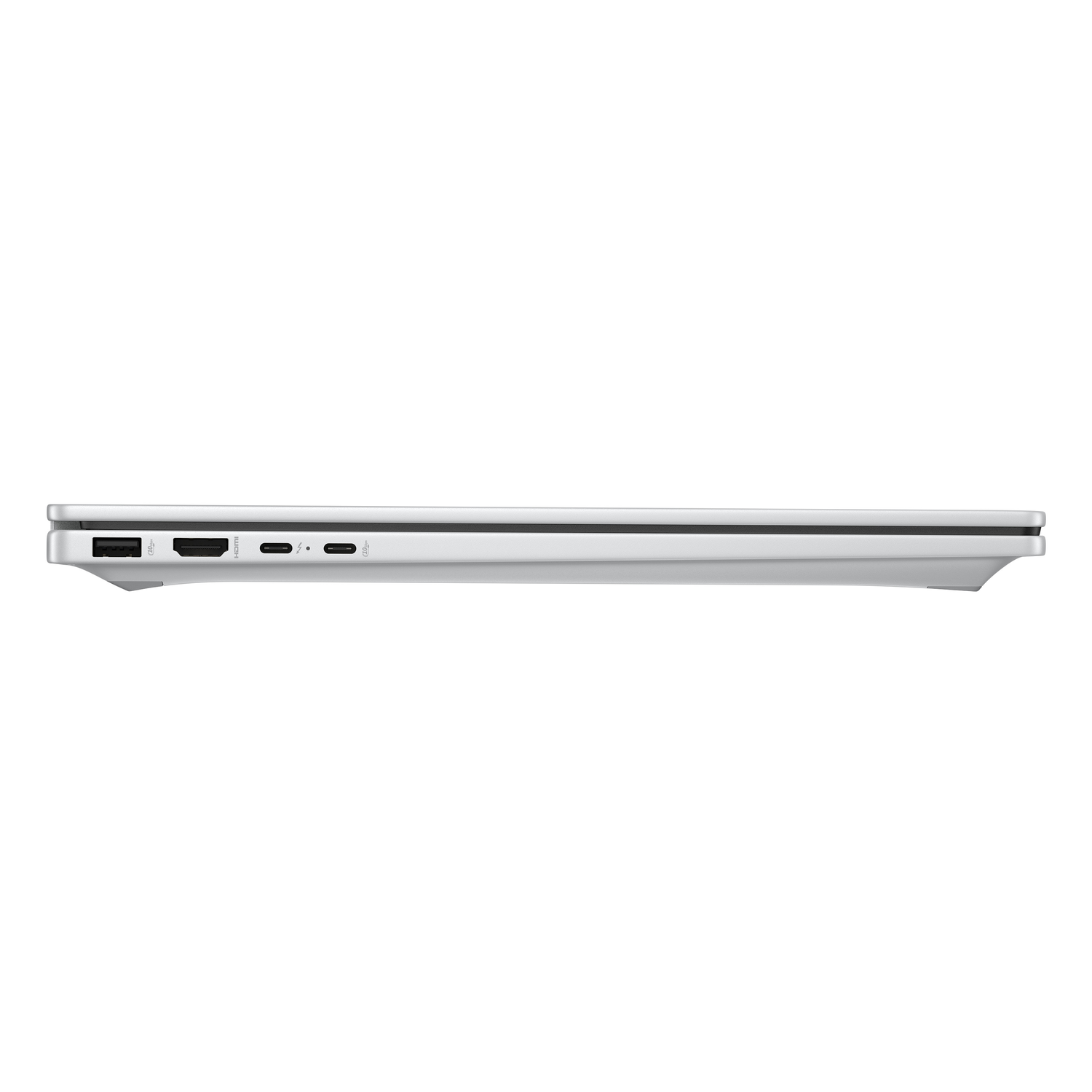 Zijaanzicht zilveren laptop, poorten zichtbaar. Onder aanzicht.