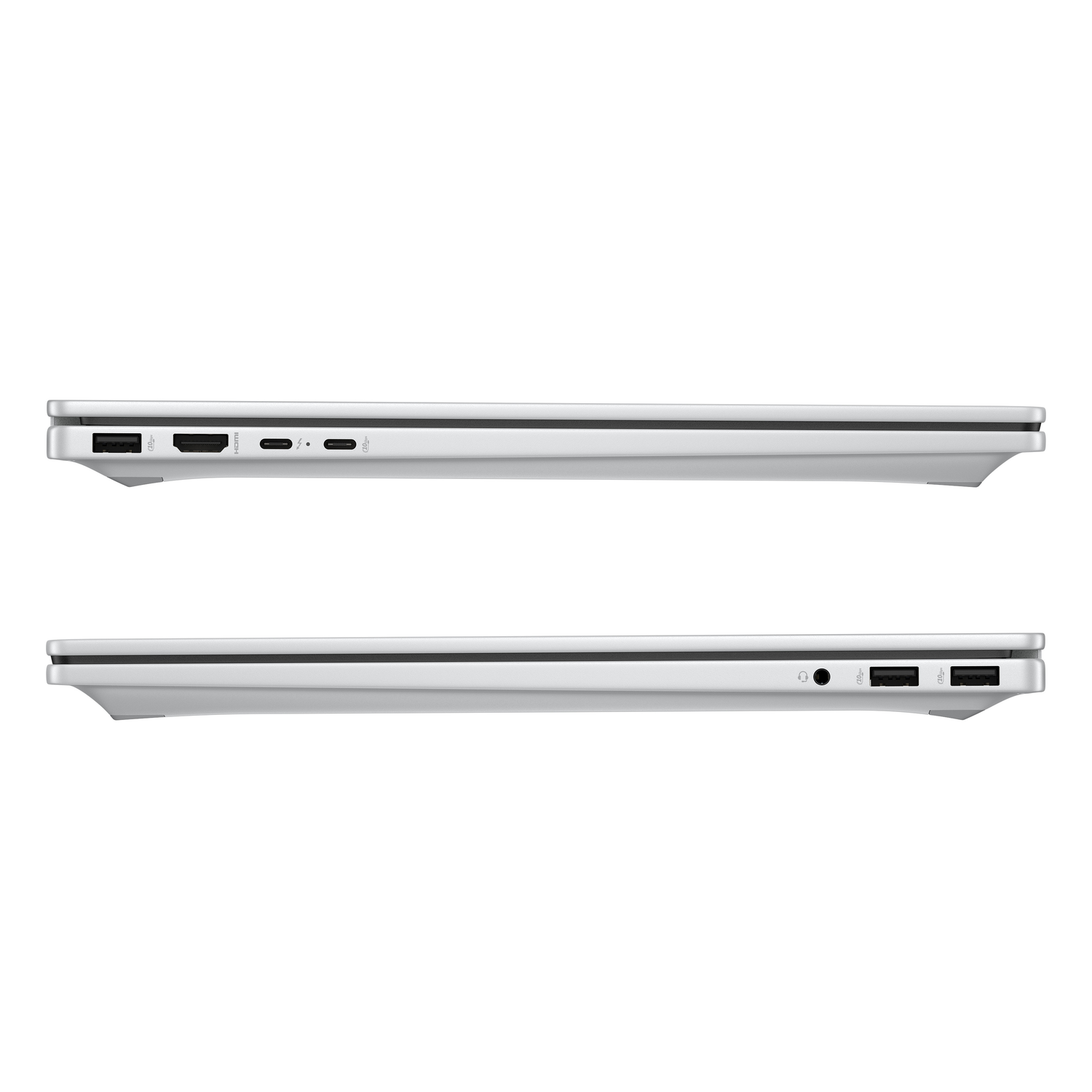 Zilveren laptop zijaanzicht, poorten zichtbaar. Boven- en onderaanzicht.