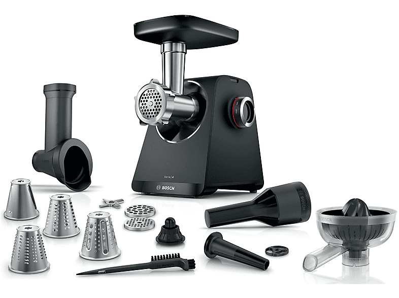Tritacarne BOSCH MFWS450B, MultiPower, 1900 W, Esclusiva Manopola di Comando per Velocità, Materiali Lunga Durata, Cavi Riponibili nell'apposito Spazio, Tanti Accessori Inclusi tra cui Ciotola, Pestello, Spremiagrumi e Puntale Insaccati, Nero