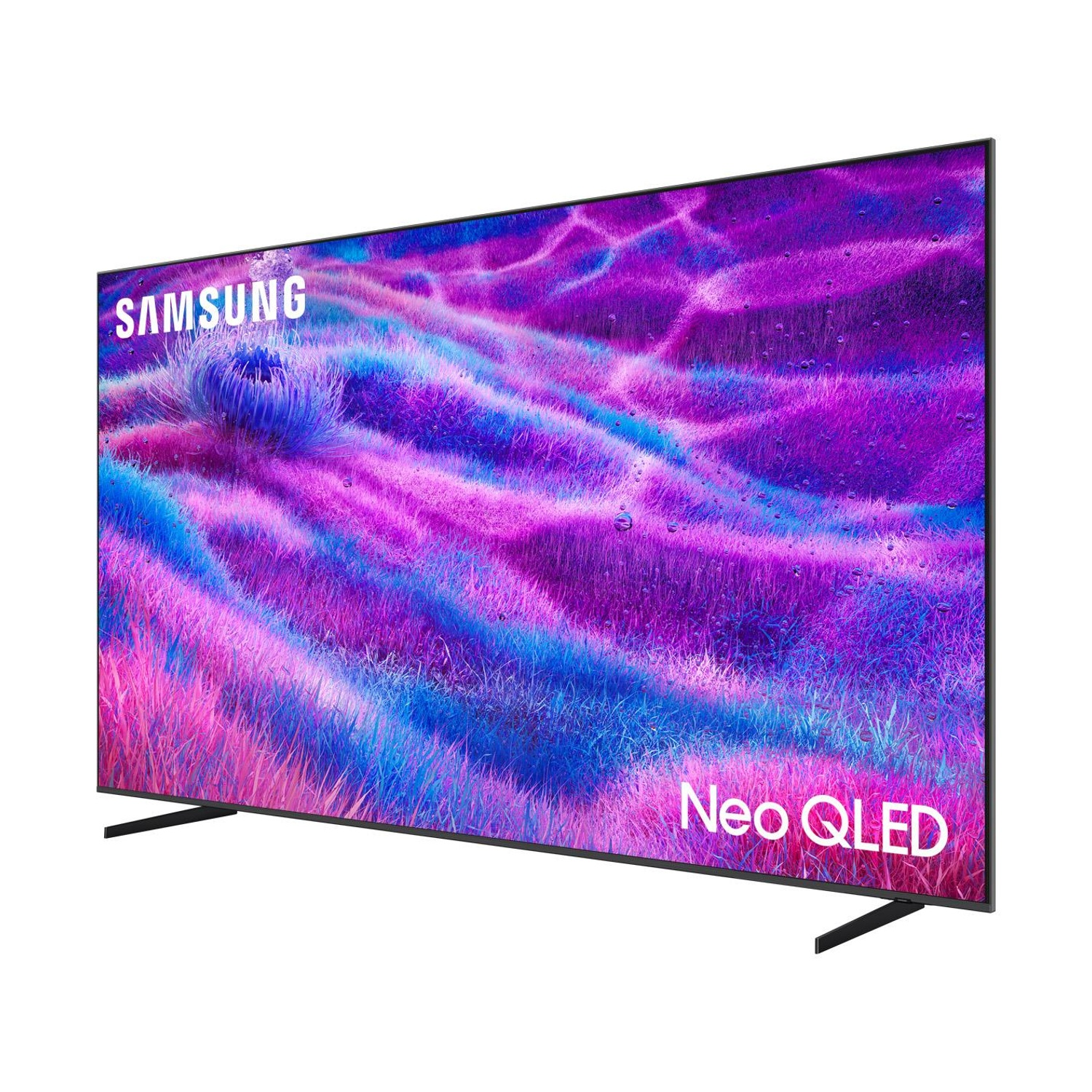 TV Samsung Neo QLED, vista angolata. Schermo con arte astratta viola e blu.