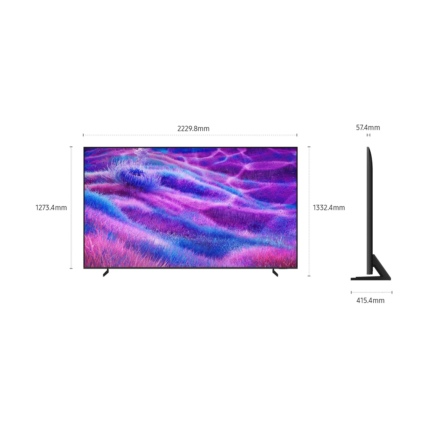 Dimensioni TV: 2229,8 mm larghezza, 1273,4 mm altezza. Vista laterale mostra 57,4 mm profondità.