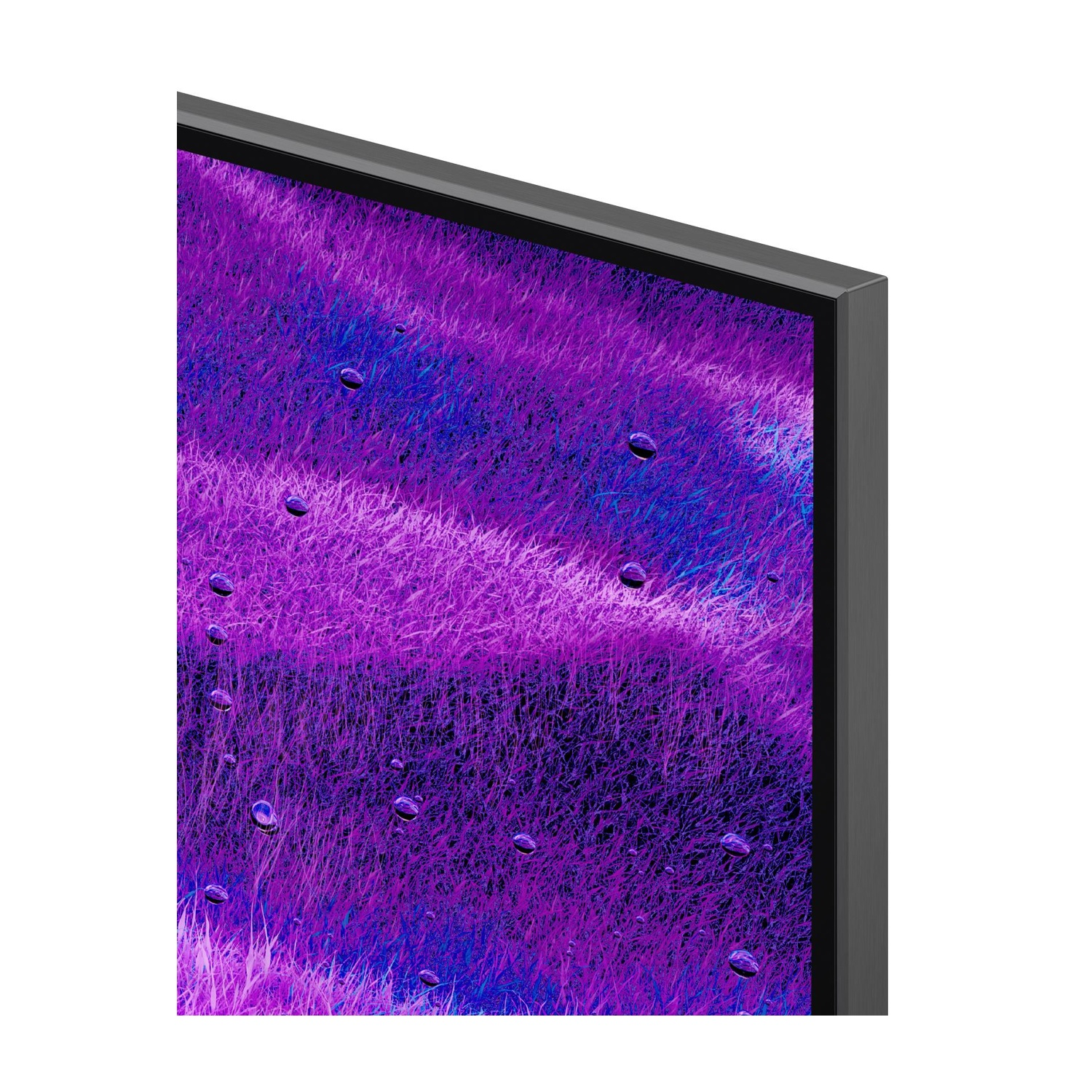Primo piano della TV. Sfondo viola con gocce d'acqua e cornice grigio scuro.