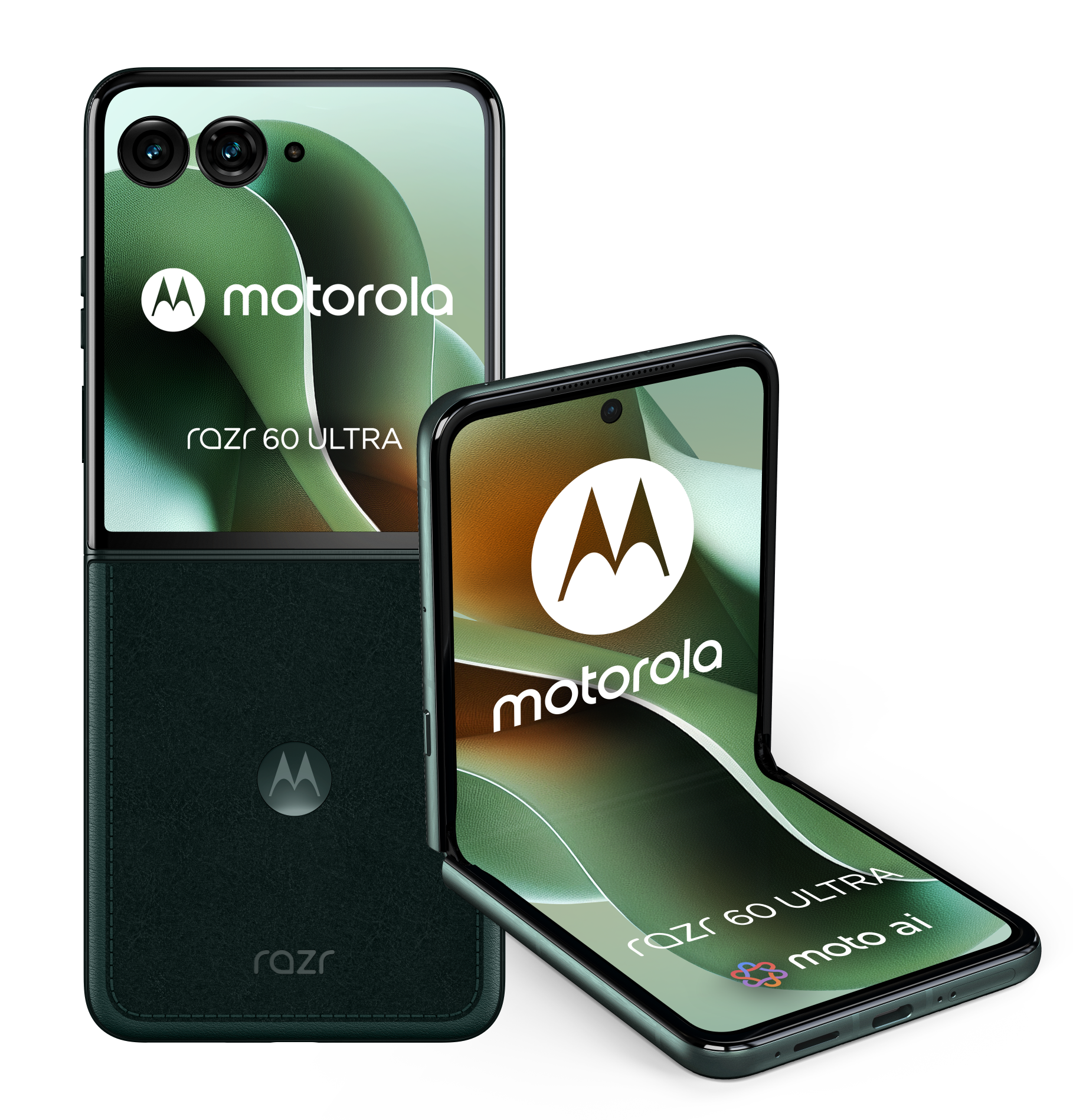 Telefony Motorola Razr 60 Ultra w kolorze ciemnozielonym, otwarte i zamknięte.