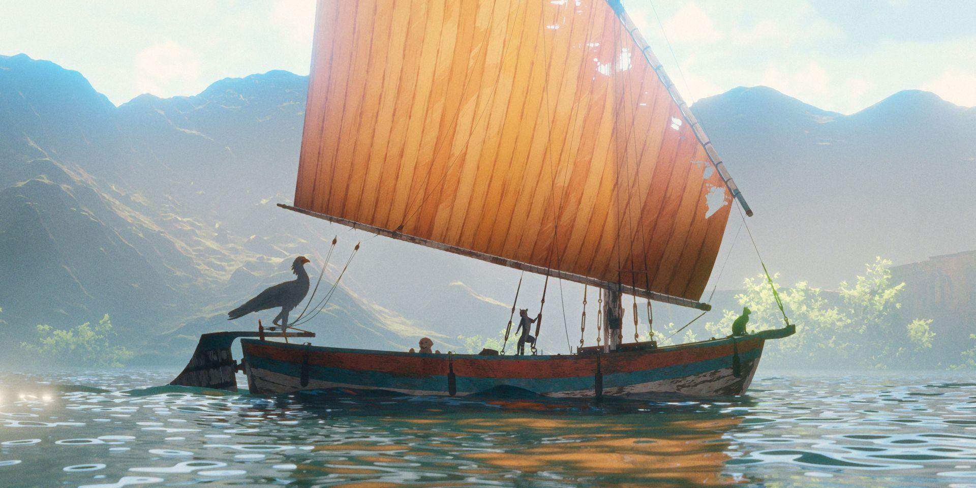 Ein Boot mit Segel auf dem Wasser. Ein Vogel ist auf dem Boot. Berge im Hintergrund.
