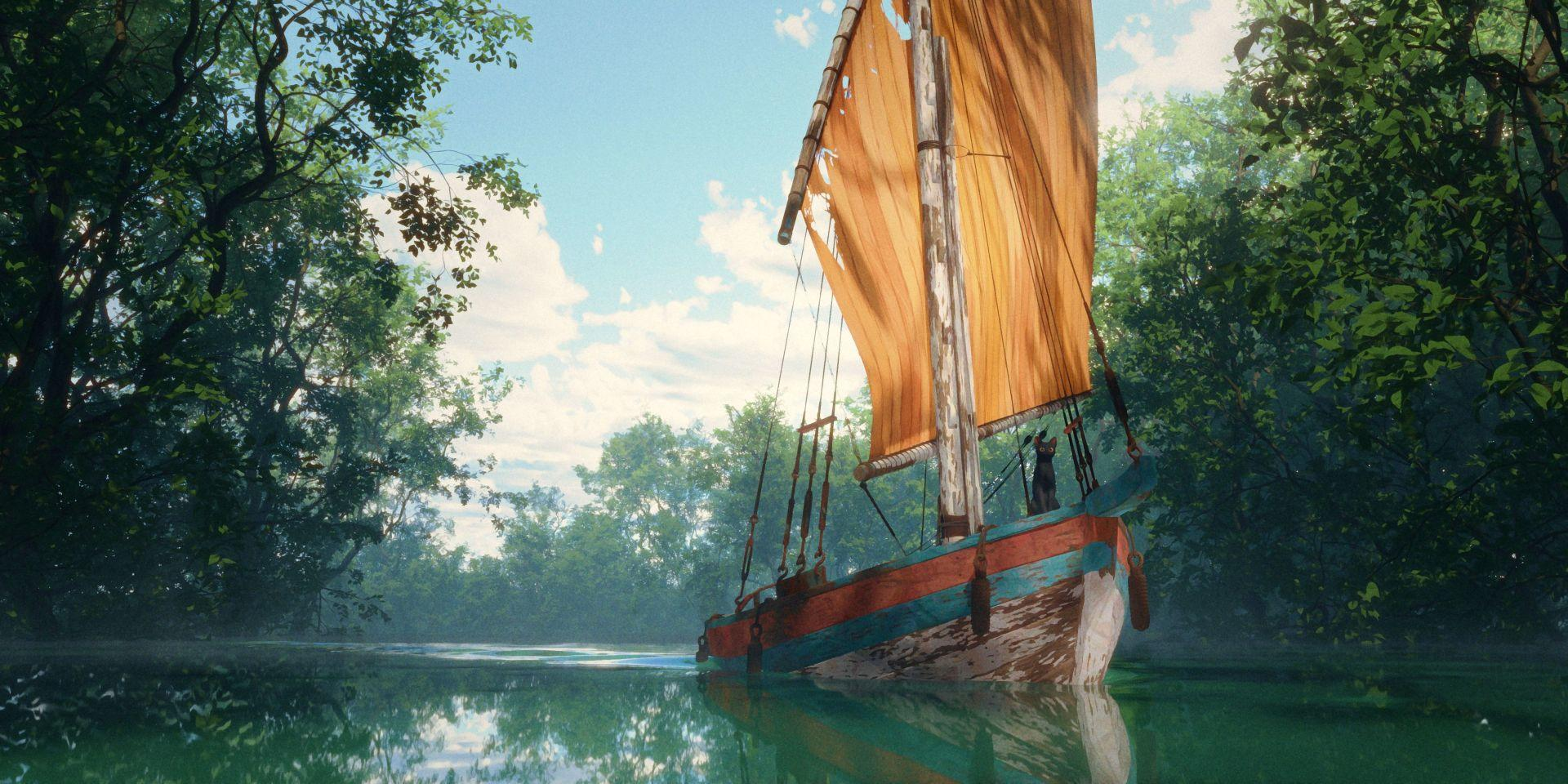 Ein Boot mit Segel auf dem Wasser. Bäume sind auf jeder Seite. Himmel ist im Hintergrund.