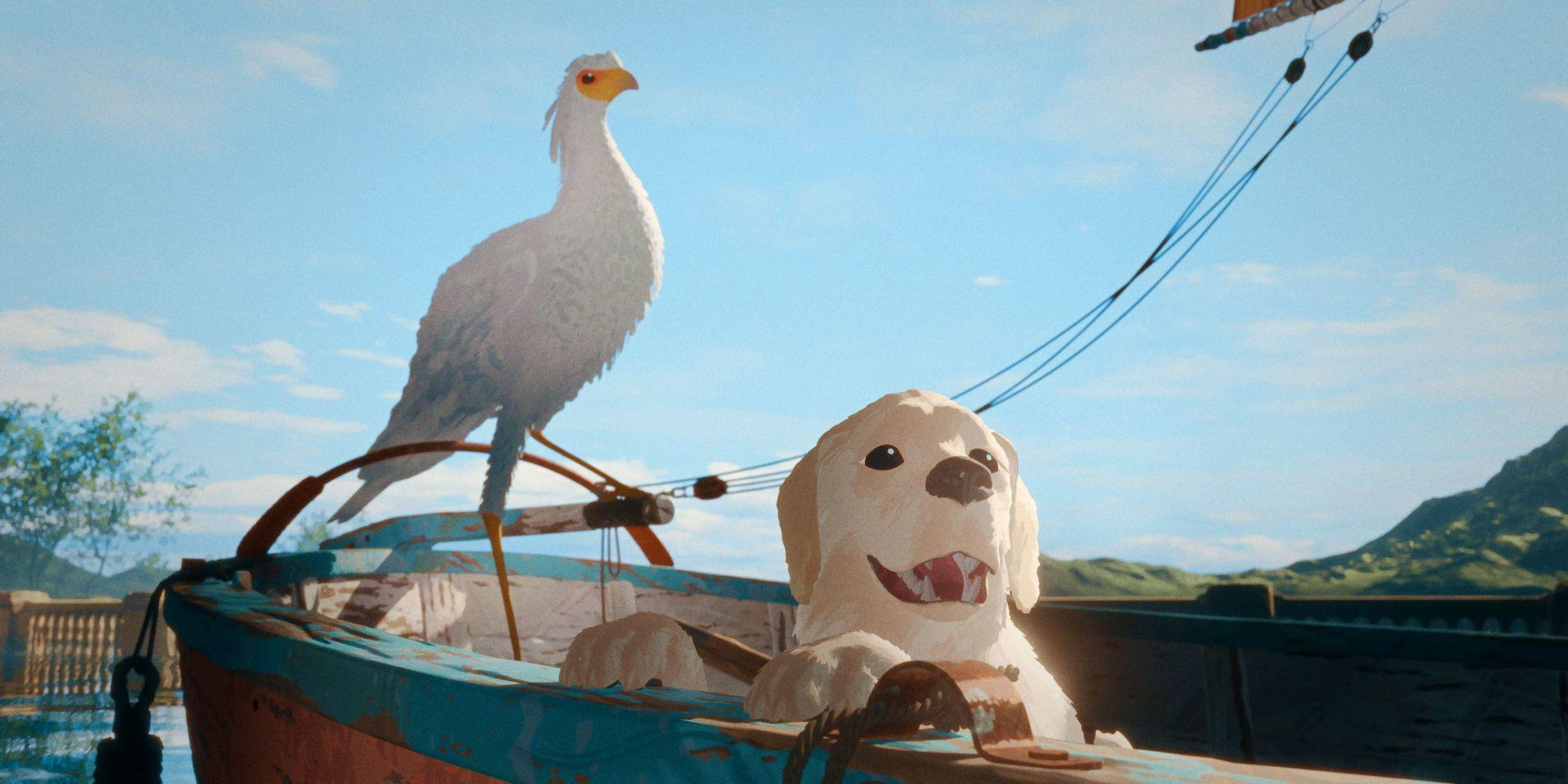 Ein Hund in einem Boot mit einem Vogel. Blauer Himmel und Wasser im Hintergrund.
