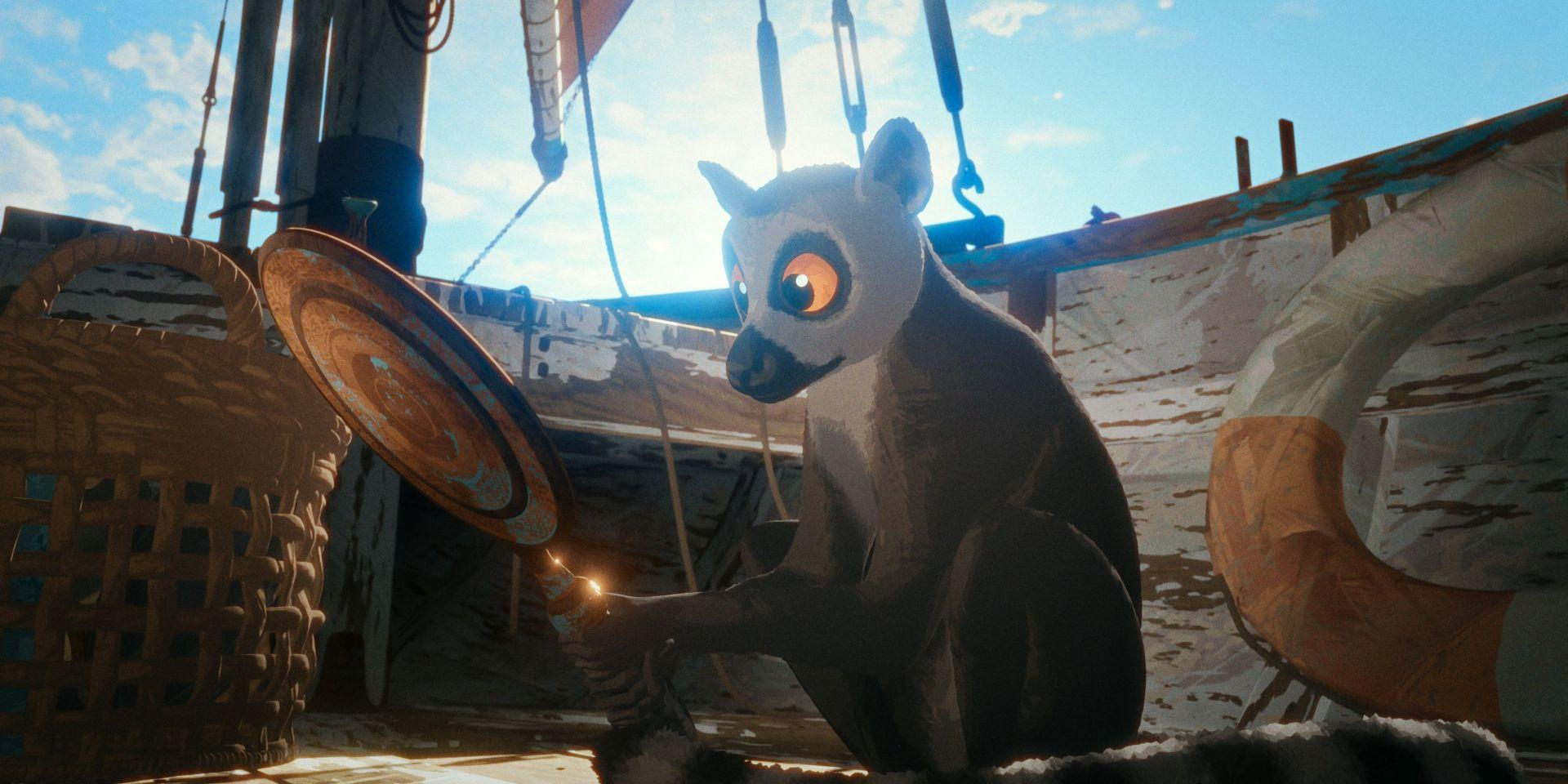 Ein Lemur auf einem Boot, das einen Spiegel hält. Ein Korb und ein Rettungsring sind sichtbar.