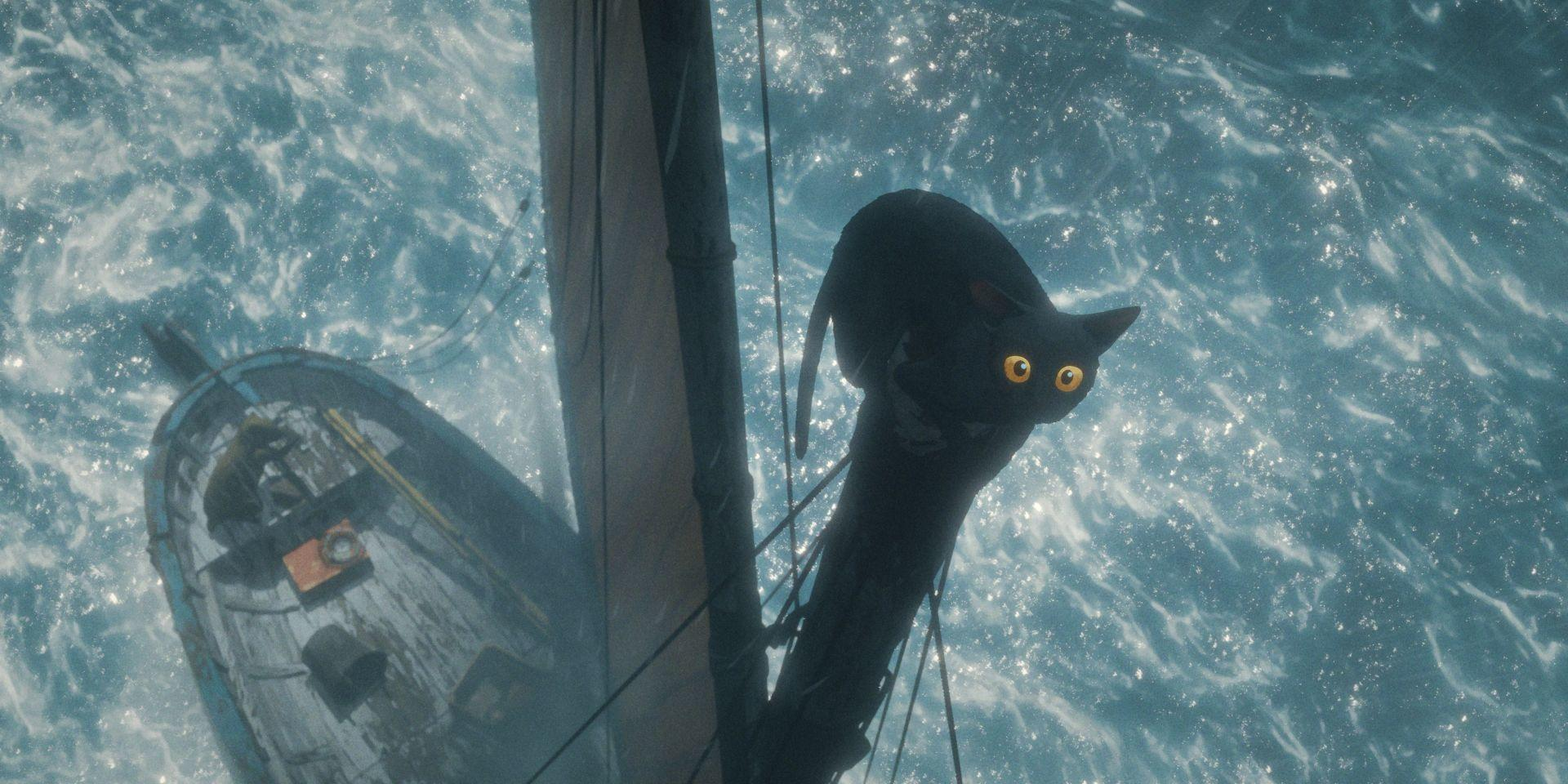Eine schwarze Katze auf einem Boot. Die Katze ist am Mast. Wasser im Hintergrund.