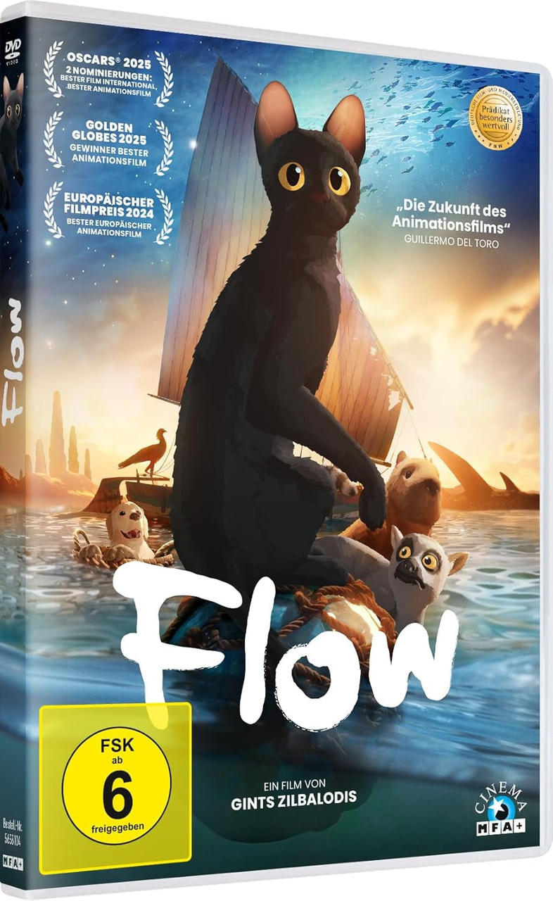 Ein Filmplakat mit einer schwarzen Katze auf einem Boot. Auszeichnungen und Text auf dem Plakat.