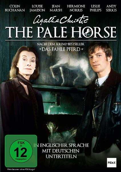 Filmposter: Zwei Personen stehen vor einem Gemälde eines Pferdes. Text: Agatha Christies 'The Pale Horse'. Deutscher Text vorhanden.