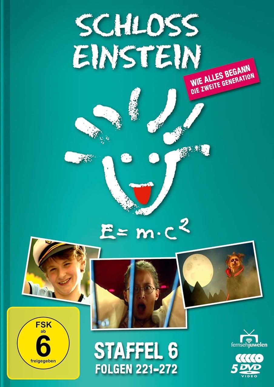 DVD-Cover für 'Schloss Einstein'. Zeigt Schüler, Bilder und ein Altersfreigabe-Label.