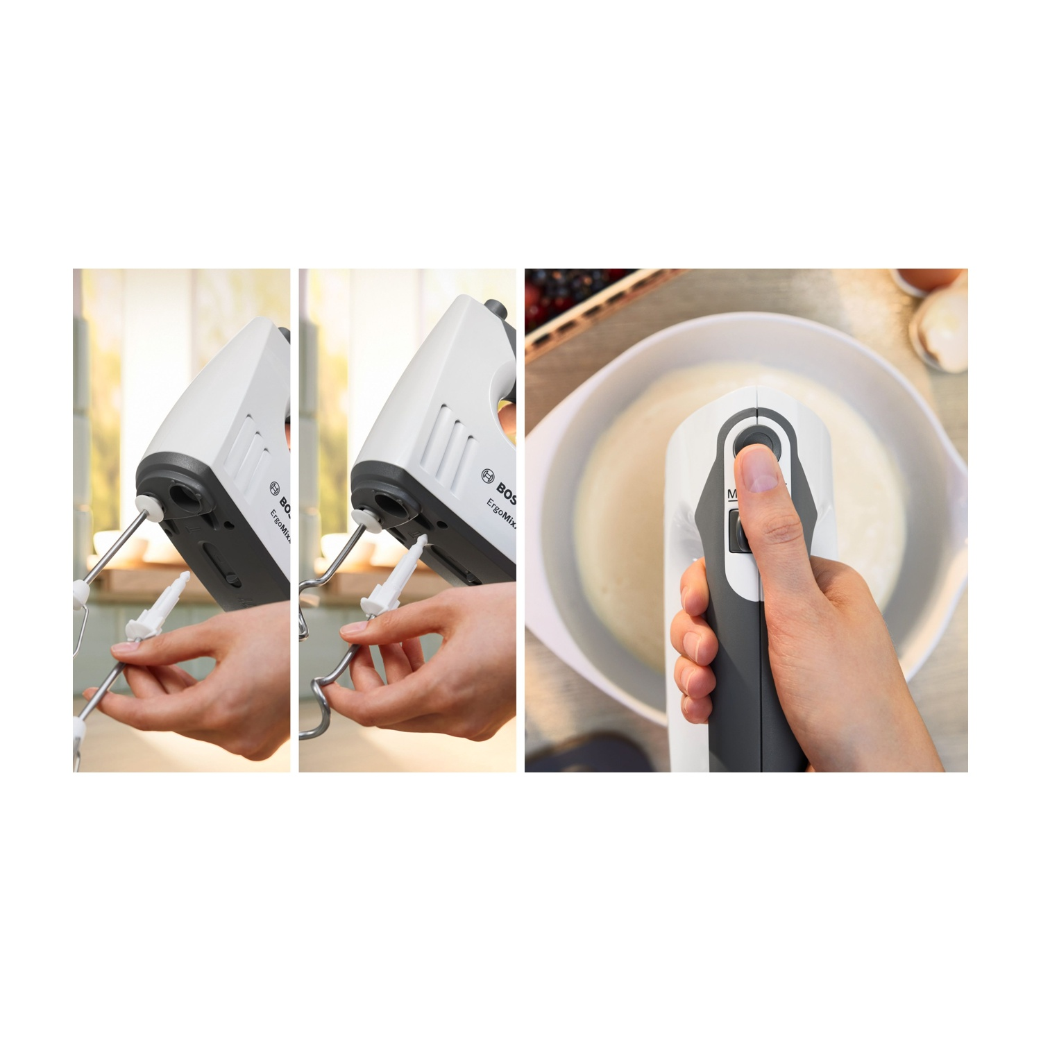 Frullatore a immersione. Due accessori sono rimossi. Una persona viene mostrata mentre inserisce uno degli accessori.