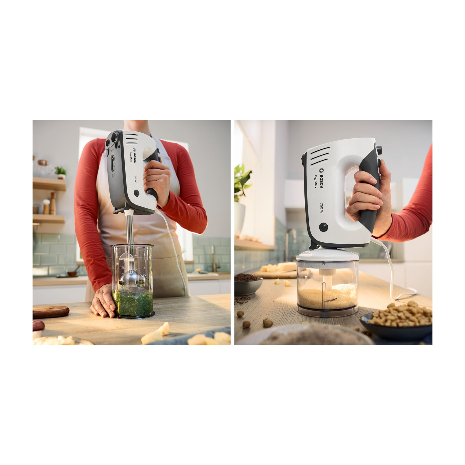 Donna che usa un frullatore a mano in cucina. Un'immagine mostra la miscelazione, l'altra la miscelazione degli ingredienti.