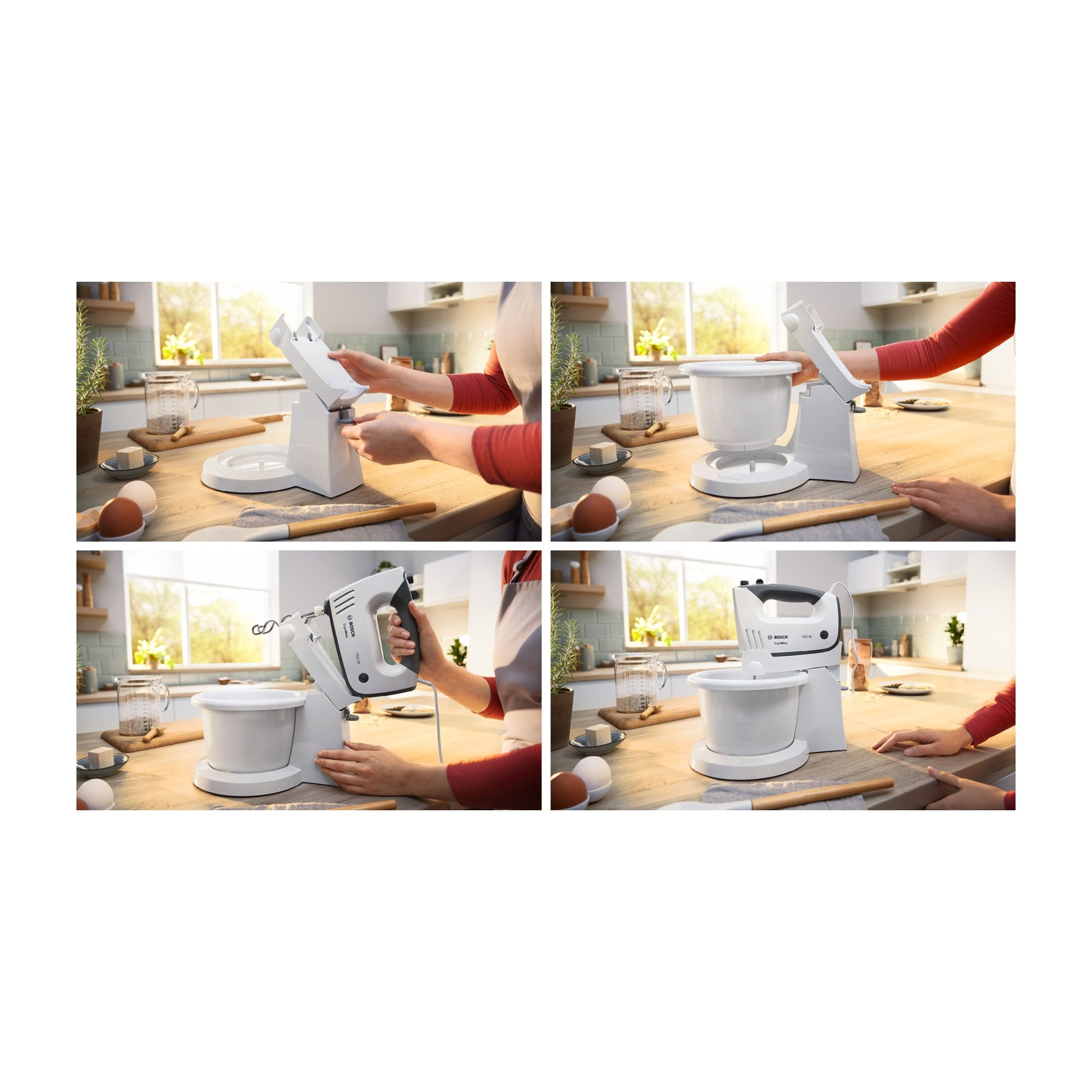 Frullatore a mano assemblato e utilizzato. Diverse immagini mostrano ogni passaggio in un ambiente cucina.