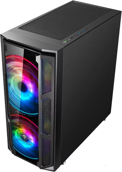 Fekete számítógépház üveg oldallappal és színes ventilátorokkal. "SPIRIT OF GAMER" logó látható.