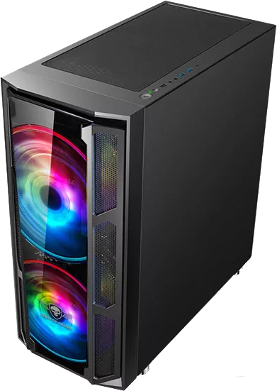 Fekete PC-ház üveg oldallappal és RGB ventilátorokkal. A ház hálós előlappal és tetővel rendelkezik.