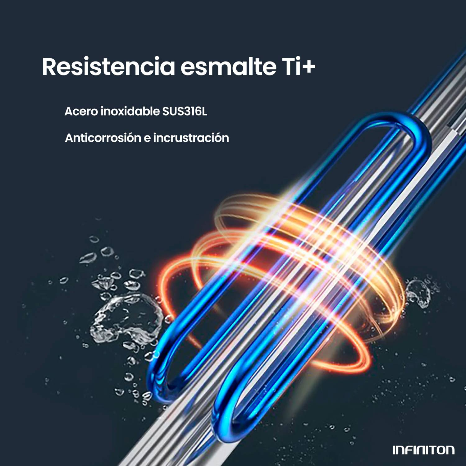 Primer plano de una pieza metálica con líneas brillantes azules y naranjas.