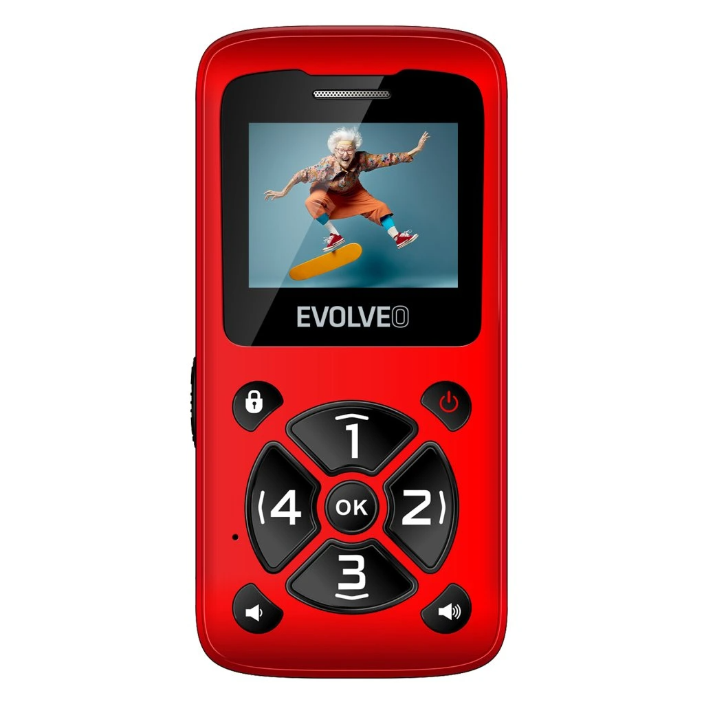 Piros mobiltelefon, amelynek képernyőjén egy gördeszkás látható.