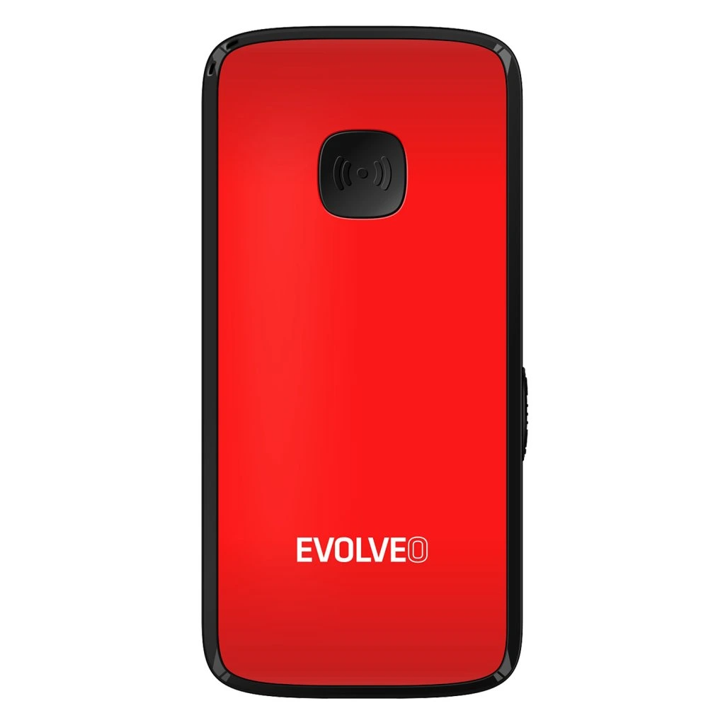 Egy piros mobiltelefon hátlapja, fekete panellel.