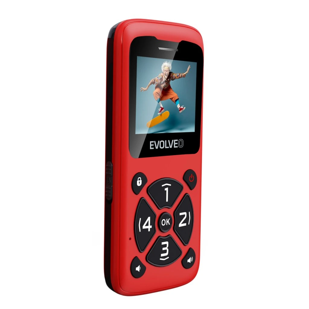 Piros mobiltelefon, képernyőjén egy gördeszkázó személy látható.