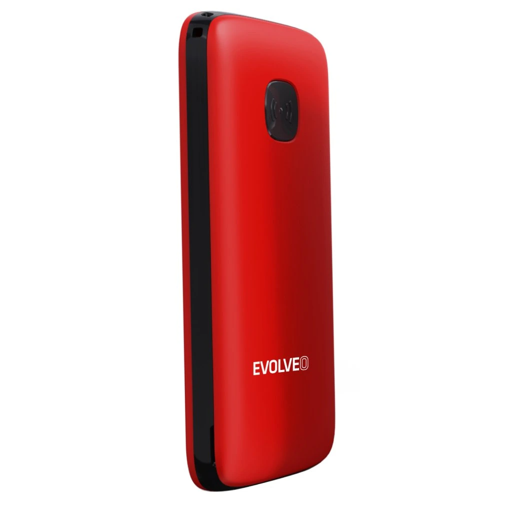 Egy piros mobiltelefon fekete körvonallal és az 'EVOLVEO' logóval.