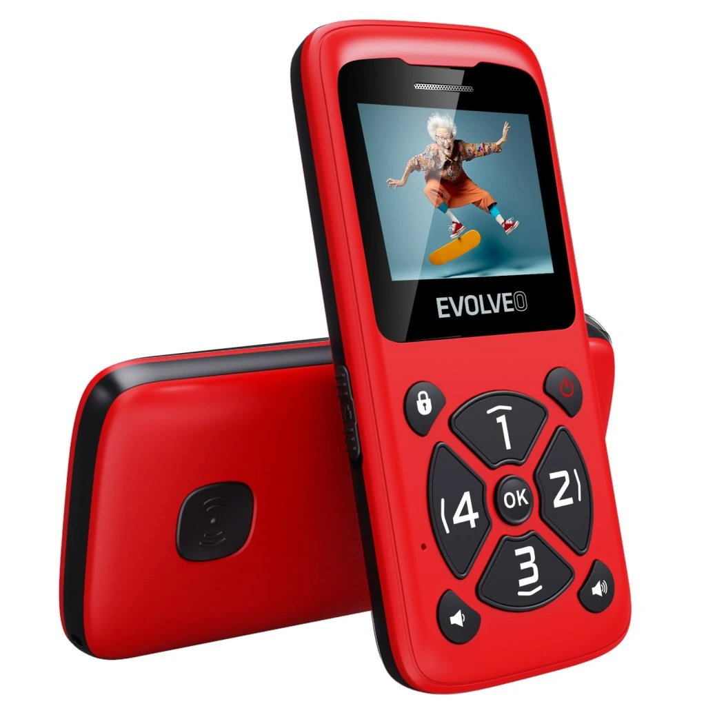 Piros telefon, képernyőn gördeszkázó ember látható. Alatta gombok.