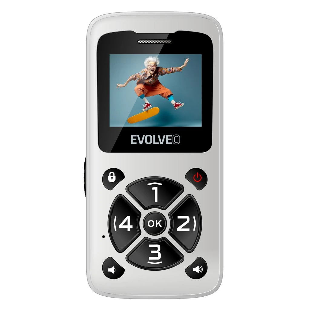 Fehér telefon, a képernyőn egy gördeszkázó ember. A gombok és a képernyő.