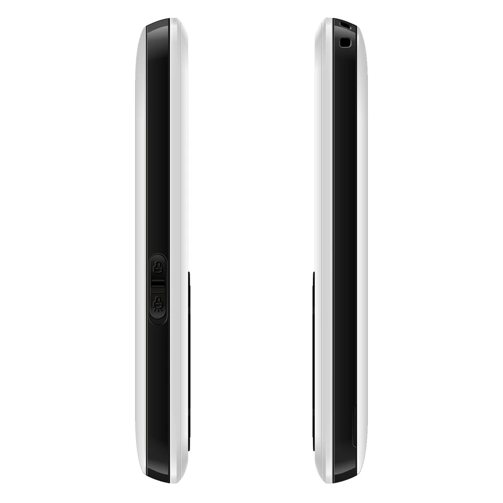 Két fehér telefon oldalnézetben, fekete kerettel, gombokkal az egyik oldalon. A telefonok üresek.