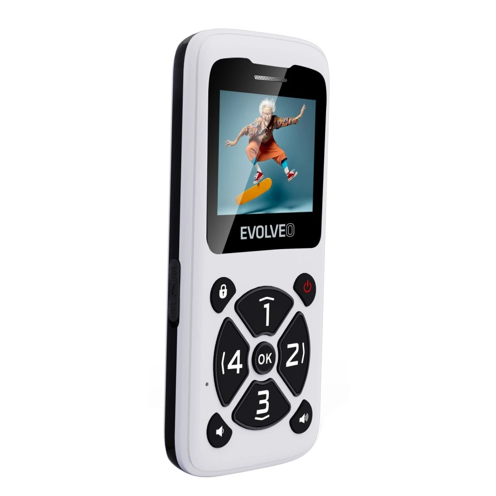 Fehér telefon, képernyőn gördeszkázó ember látható. A telefon ferde nézete.