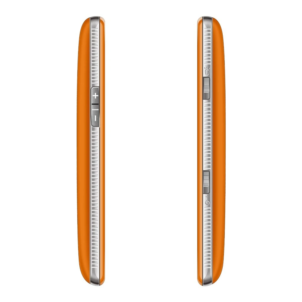 Két narancssárga telefon oldala hangerő- és bekapcsológombokkal.